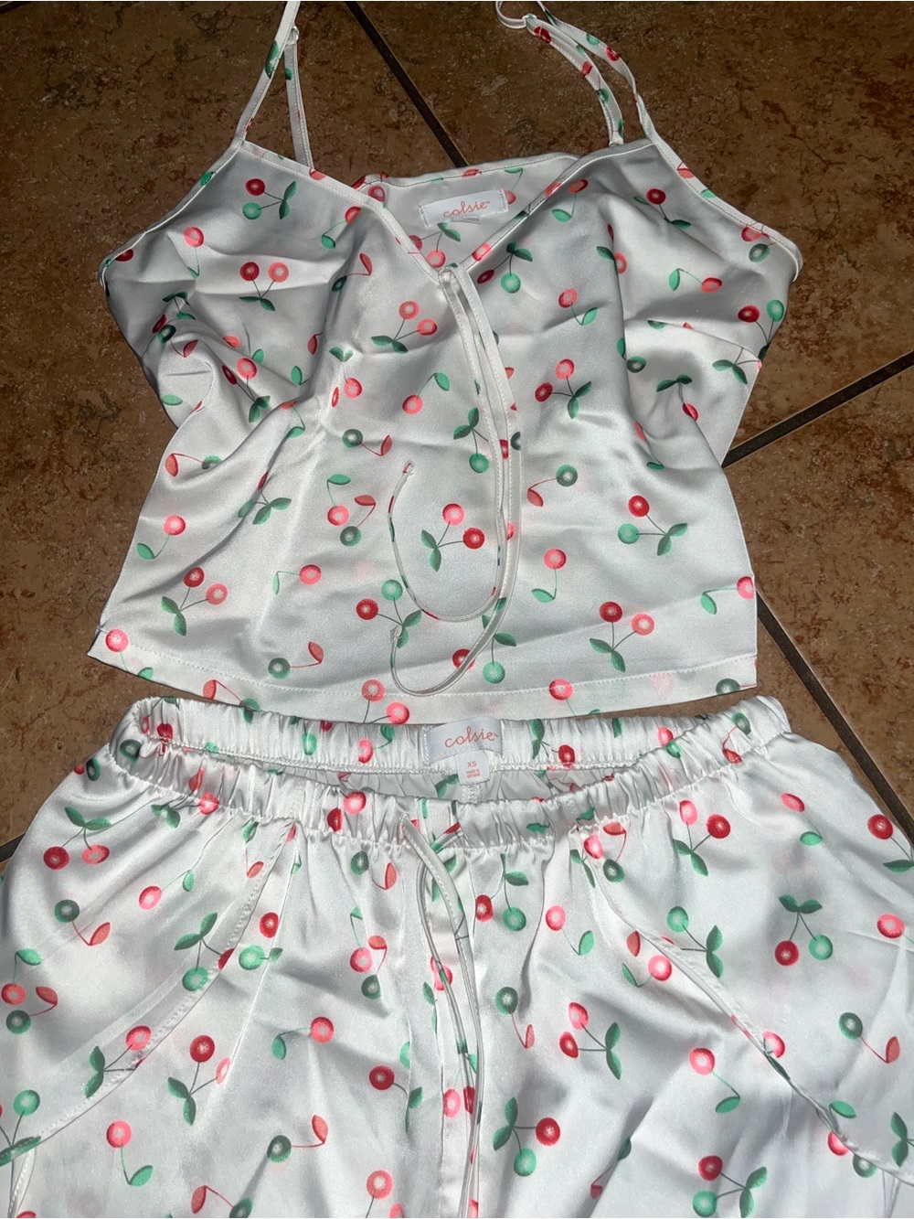 Colsie White Satin Cherry Print Cami & Shorts Pajama Set
